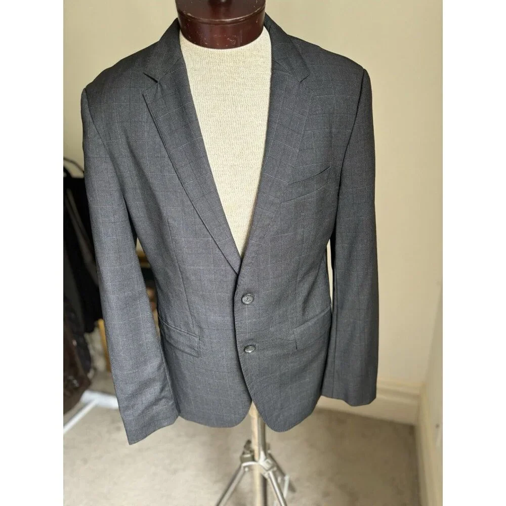 Hugo Boss Mens Blazer Wool Sport Coat US Sz 38R Redo Super 110‎ Grey Plaid